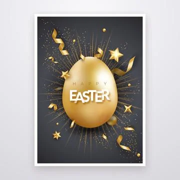 Easter background with realistic golden egg, text, stars, firework and ribb.. Stock Illustration