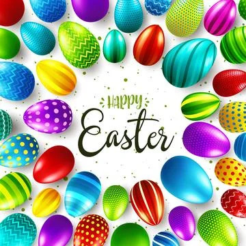 Easter background with realistic painted eggs. Spring egg hunt. Happy holiday イラスト素材