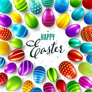 Easter background with realistic painted eggs. Spring egg hunt. Happy holiday Ilustración de archivo