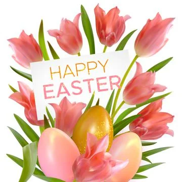 Easter background with realistic pink tulips and Easter eggs Stock Illustration