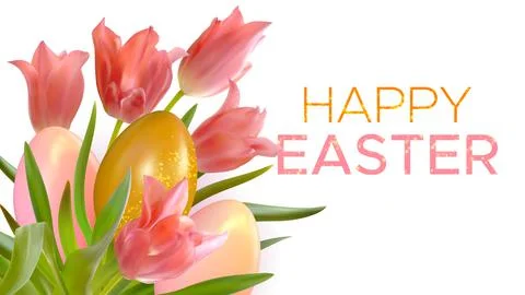 Easter background with realistic pink tulips and Easter eggs Stock Illustration