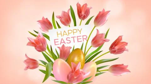 Easter background with realistic pink tulips and Easter eggs Stock Illustration