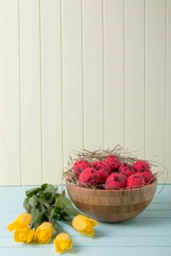 Easter background with red eggs and yellow tulips on yellow wall Stock Photos