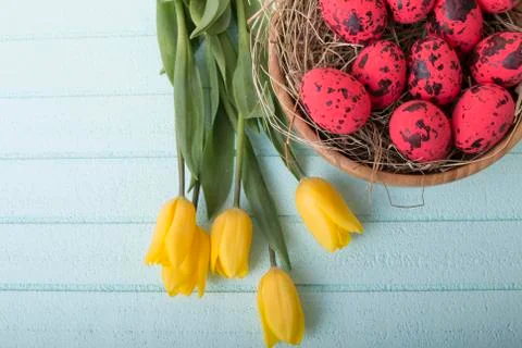 Easter background with red eggs and yellow tulips Foto stock