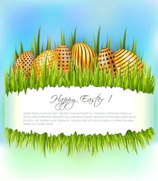 Easter background with row of golden decorated eggs in grass and copy space. Stock Illustration