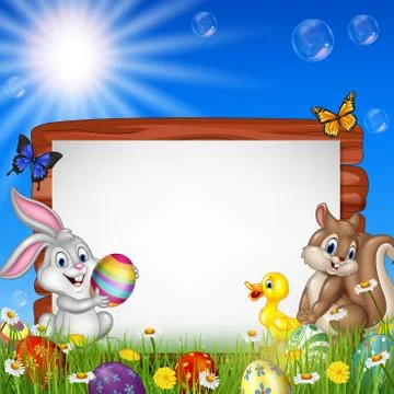 Easter background with small animals and blank sign Stock Illustration