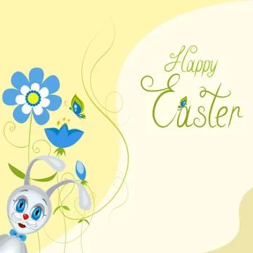Easter background with small rabbit and blue flowers. Illustrazione stock