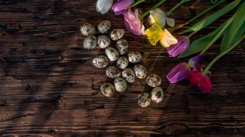 Easter background, spring flowers and colorful Easter eggs on wood Foto stock