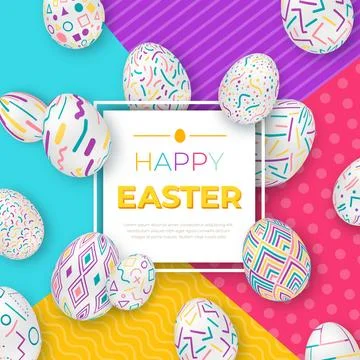 Easter background with square frame and colorful ornate eggs on modern geom.. Stock Illustration
