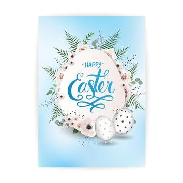 Easter background template with beautiful colorful spring flowers and eggs Stock Illustration