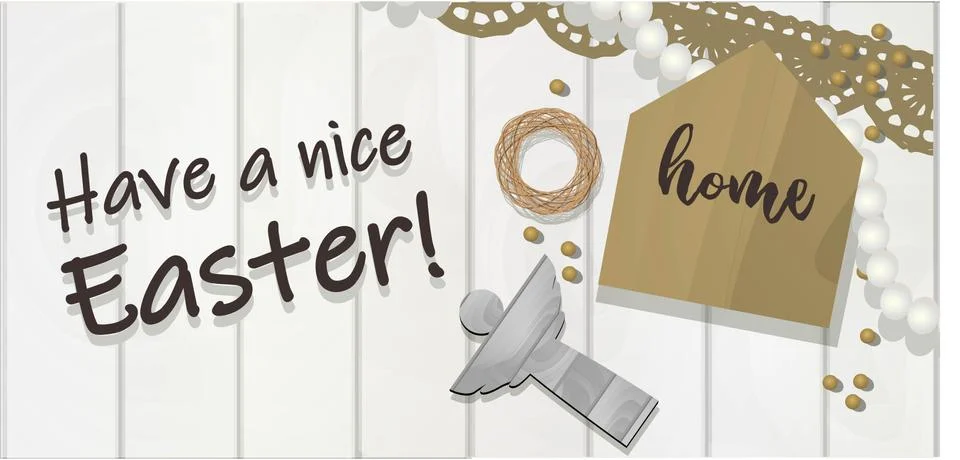 Easter background with text Happy Easter. Wooden angel, pearl beads. eco styl Illustrazione stock