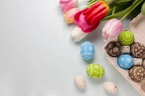 Easter background, top view with copy space 库存照片