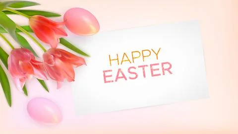Easter background with tulips, Easter eggs and inscription Happy Easter Stock Illustration