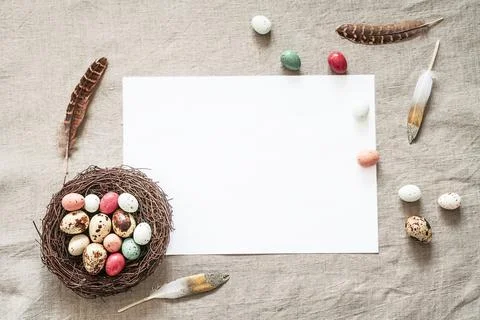 Easter background with white paper blank. Stock Photos