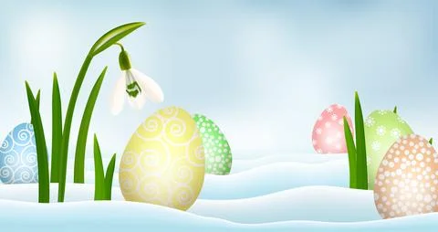 Easter background - white snowdrops and colorful eggs Stock Illustration