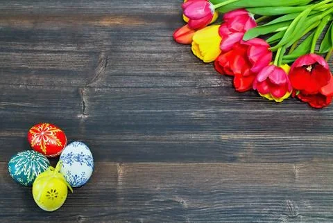 Easter background on a wooden board with Easter eggs and tulips. Stock Photos