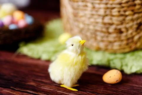 Easter background with yellow chicks and eggs. Easter holidays. Stock Photos