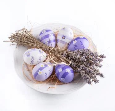 Easter background.Dry lavender and easter eggs on a white background 스톡 사진