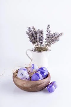 Easter background.Dry lavender and easter eggs on a white background Stock-Fotos