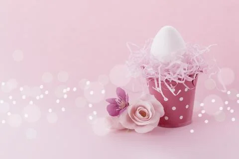Easter background.Easter egg in bucket and flowers. Postcard with space for t Stock Photos