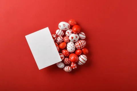 Easter backgrounds with a large egg and a blank sheet layout of Easter red and Stock Photos