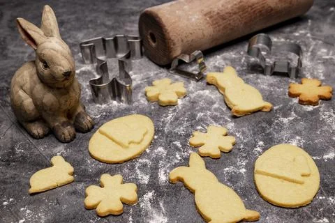 Easter bakery, Easter cookies with baking accessories and Easter decoration Stock Photos