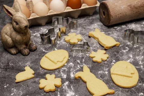 Easter bakery, Easter cookies with baking accessories and Easter decoration Stock Photos