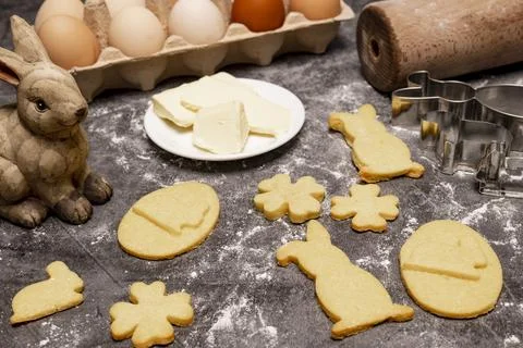 Easter bakery, Easter cookies with baking accessories and Easter decoration Stock Photos