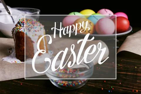 Easter baking with icing and colored powder and eggs. Preparing for the holid Stock Photos