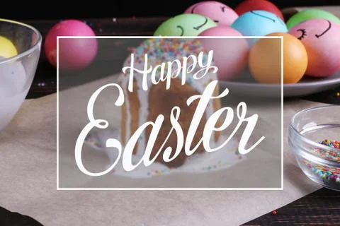 Easter baking with icing and colored powder and eggs. Preparing for the holid Stock Photos