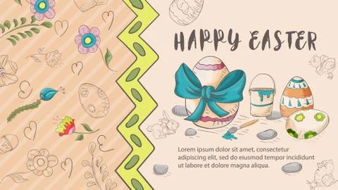 Easter banner 2 with text for greeting in style childrens Doodle Stock Illustration