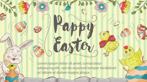 Easter banner 3 with text for greeting in style childrens Doodle Stock Illustration