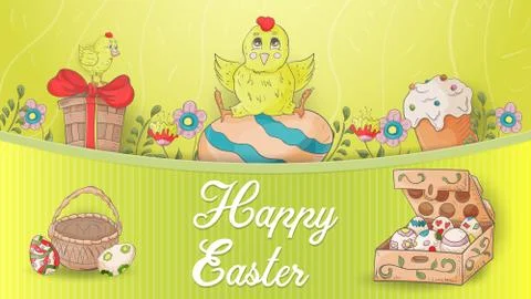 Easter banner 8 with text for greeting in style childrens Doodle Stock Illustration