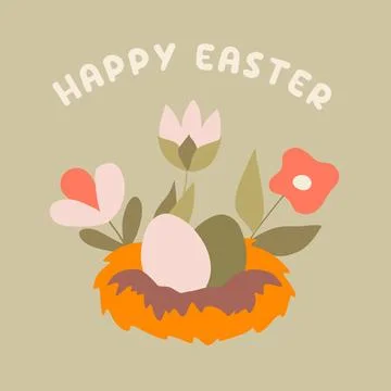 Easter banner. Beautiful Painted Eggs in Nest with Tulip and Flowers. Vector  Stock Illustration