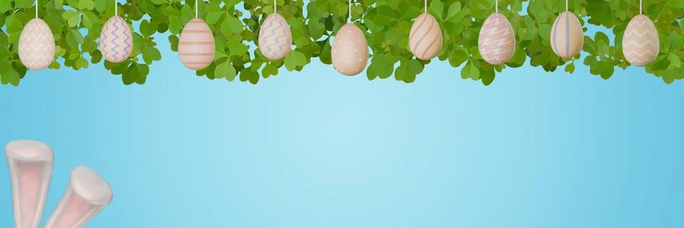 Easter banner border. Colored eggs bunny ears clover leaves Stock Illustration
