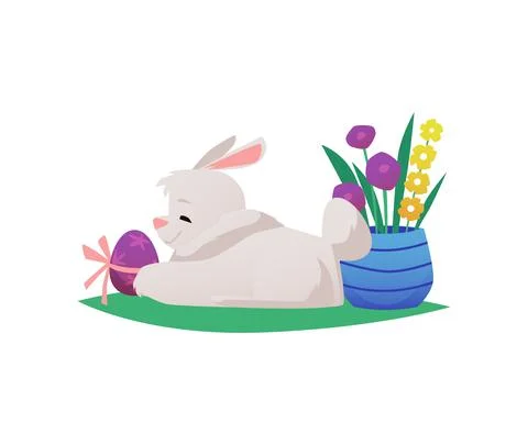 Easter banner composition with bunny and egg, flat vector illustration isolated. Stock Illustration