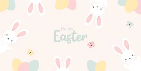 Easter banner with cute Easter bunnies and Easter eggs on beige background Stock Illustration