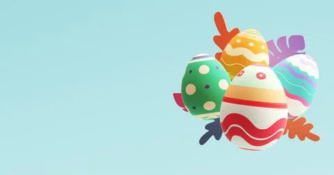 Easter banner design template with floating painted eggs and plants in pastel Stock Photos