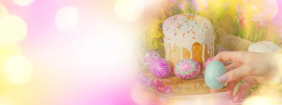 Easter banner with Easter eggs and Easter cake Stock Photos