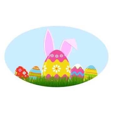 Easter banner with Easter eggs, bunny ears on green grass. Banner design fo.. Stock Illustration