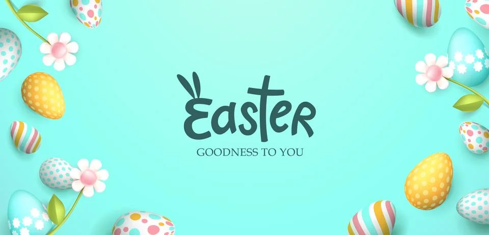 Easter banner with easter eggs frame and spring flowers on pastel Stock Illustration