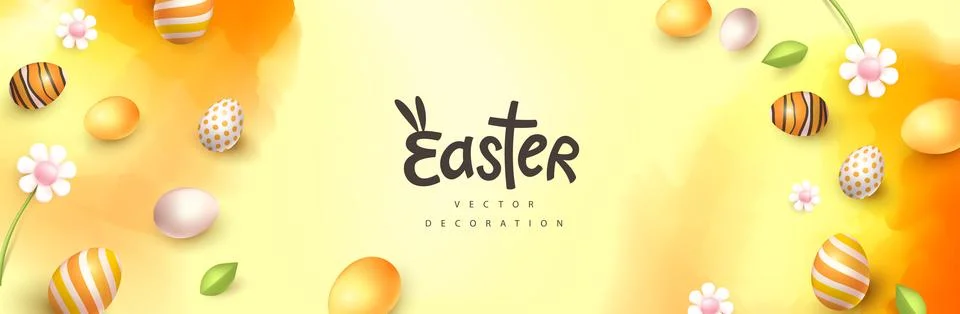 Easter banner with easter eggs frame and spring flowers on water color Stock Illustration