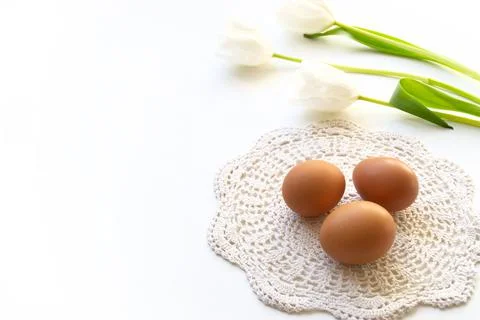 Easter banner. Easter eggs with tulips on a white background Stock Photos