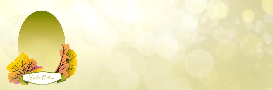 Easter banner with easter greeting, egg and colorful leaves on golden bokeh. Stock Illustration