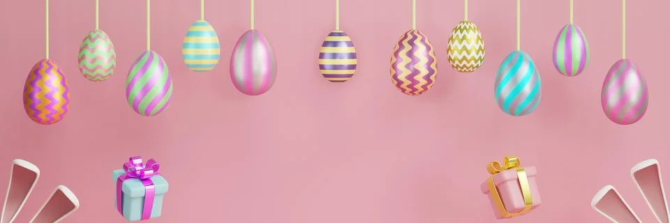 Easter banner, eggs on strings on a pink background. Illustrazione stock