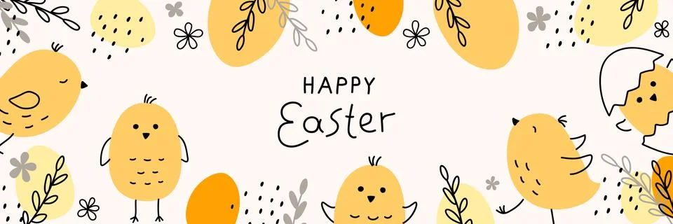 Easter banner. Fashionable Easter design with typography, hand-drawn chickens Stock Illustration