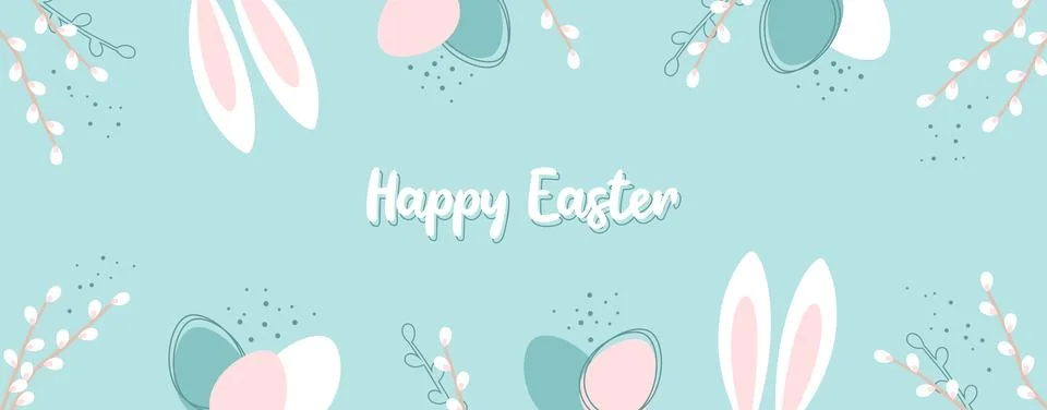 Easter banner with a frame of Easter eggs, rabbit ears and willow blossom Illustrazione stock