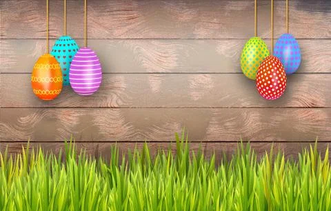 Easter banner with frame from hanging decorated eggs on rustic wooden background Stock Illustration