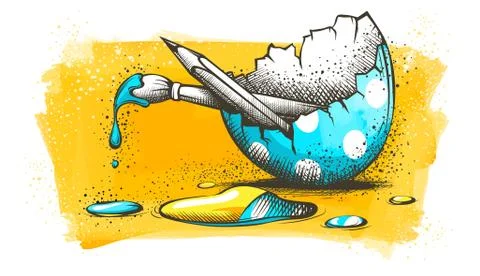 Easter banner with painted shell of egg and brush paint pencil. Illustration. Stock Illustration