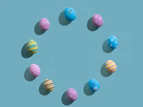 Easter banner round frame painted egg pattern blue Stock Photos